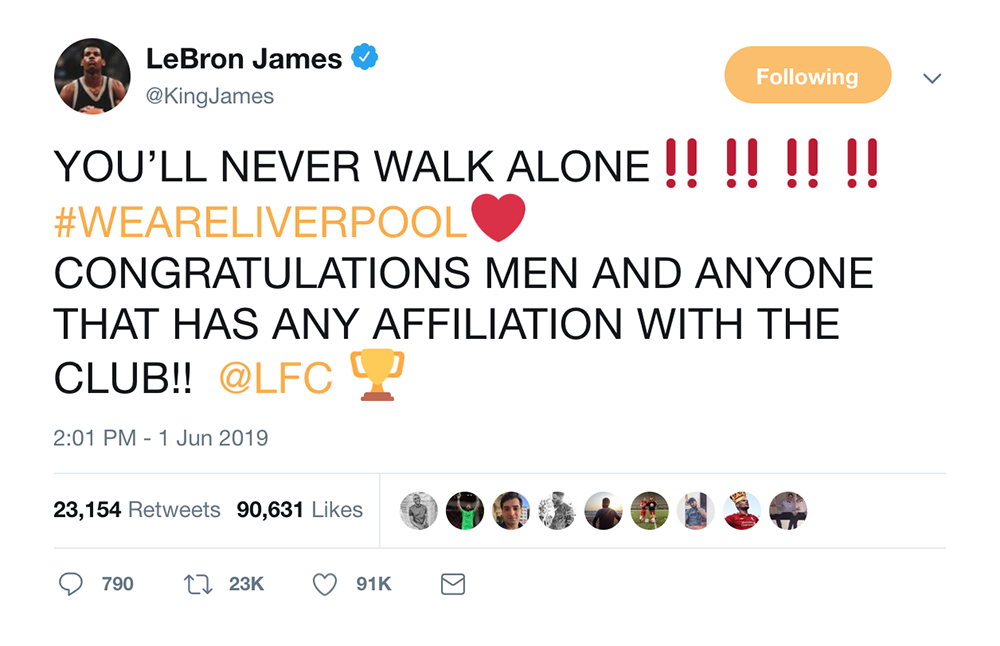 LeBron James sướng rơn khi Liverpool lên ngôi vô địch Champions League